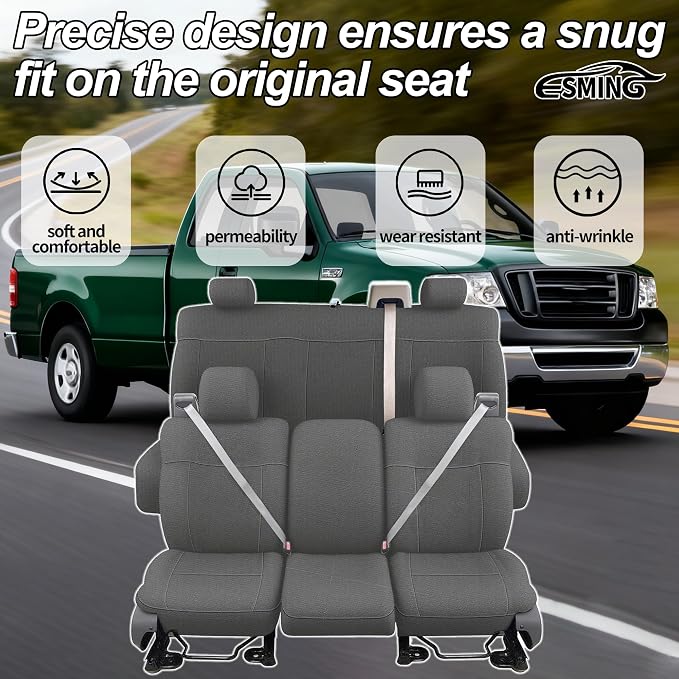 ESMING Heavy-Duty Knitted Fabric Front and Rear Bench Seat Covers for Ford F150 XLT Super Cab 2004-2008, Heavy-Duty Knit Fabric, Easy Install & Cleaning - Gray