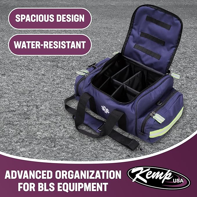 Kemp USA Maxi Trauma Bag Navy Blue Large EMT First Responder Medical Supply Storage Water Resistant 600D Nylon First Aid Survival Gear Organizer with Reflective Trim Adjustable Strap