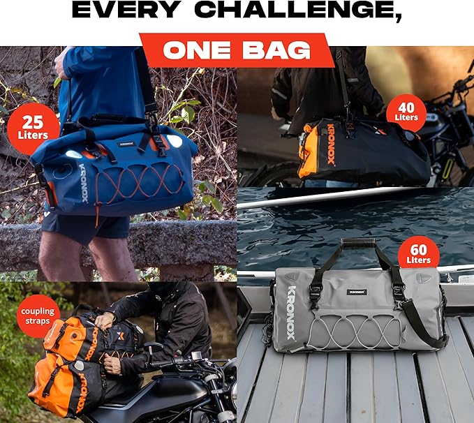 KRONOX Motorcycle Duffel Bag Waterproof, 25L Grey – Durable Motorcycle Luggage & Saddle Bags. Back Seat Dry Bag for Travel, Commute & Dirt Bike Gear