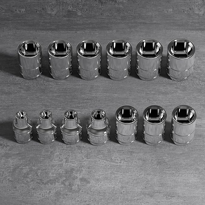 Olsa Tools SAE Shallow Socket Set - 3/8-Inch Drive, 13pc - 6-Point Chrome Sockets 1/4" to 1" and No Skipped Sizes - Mechanic Shallow SAE Socket Set - Professional Grade Short Sockets - Part: 1333
