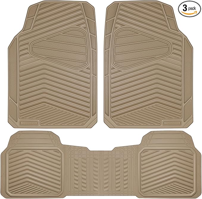 CAR PASS Rubber Car Mats, Waterproof Car Floor Mats All Weather Car Mat Full Set 3 Piece, Tan Automotive Floor Mat Trim to Fit for Cars Sedan SUVs Trucks, Anti-Slip Easy Clean, All Beige