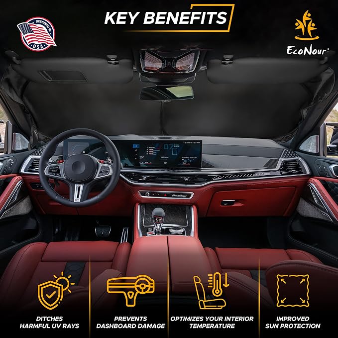 EcoNour Premium Windshield Sun Shade for Car Foldable UV Blocker Front Windshield Sunshade & Window Tint Shade Accessories with Storage Pouch Full Size SUVs &MPVLarge - 61"x35"