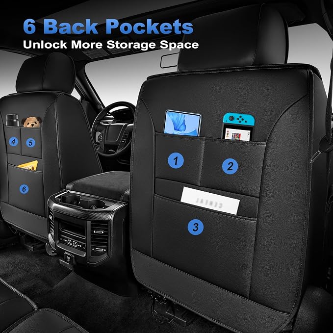 for Dodge RAM 1500 2500 3500 2012-2026 Front Seat Covers | Custom Fit Truck Faux Leather Ice Silk Bighorn Laramie Tradesman Cab, Breathable Cooling Seat Protectors (2 Front Set, Black)