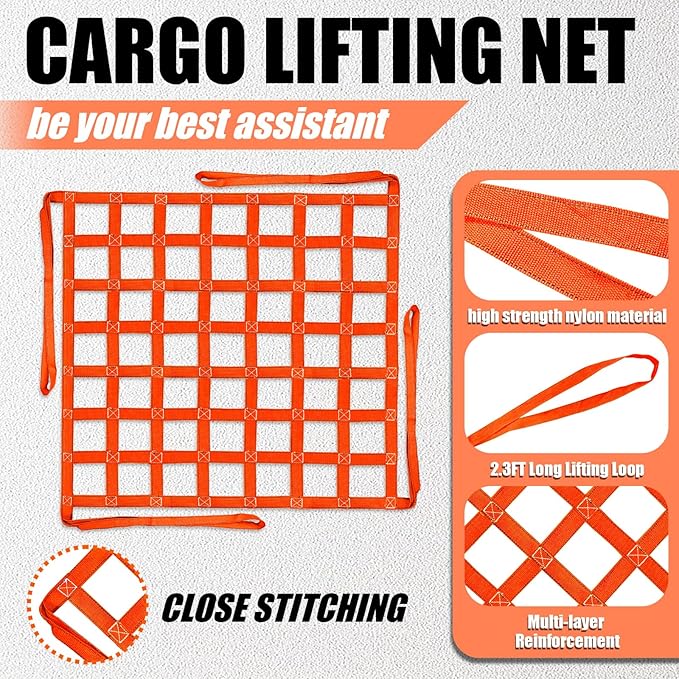 YATOINTO Cargo Lifting Net 3.28' x 3.28', Lifting Net Straps for Hoist 661lbs Load Capacity, Nylon Sling Hoisting Net 10CM Square Hole for Construction Rigging Moving Towing Hoisting Loading Unloading