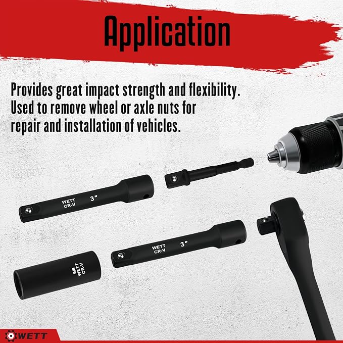 WETT 50Pcs 3/8" Drive Impact Socket Set, SAE/Metric, Deep/Shallow Sockets, with Adjustable Ratchet Handle, Extension Bar, Universal Joint, Adapter & Reducer, Cr-V Steel,(5/16"-3/4", 8-22mm)