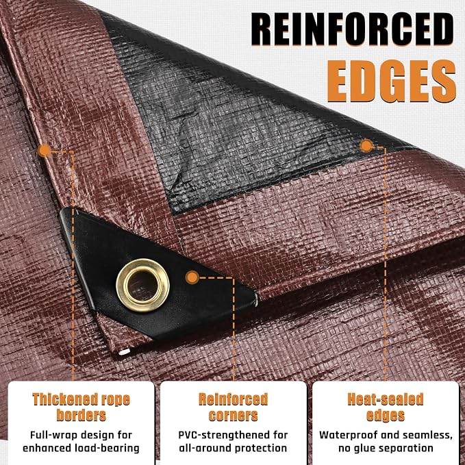 8x20FT Waterproof Tarp, Yumatum 10 Mil Heavy Duty Tarps with Reinforced Edges/Brass Grommets, 100% UV Blocking/Tear Resistant Poly Tarp for Camping, Patio, Tent, Boat(Brown/Black)
