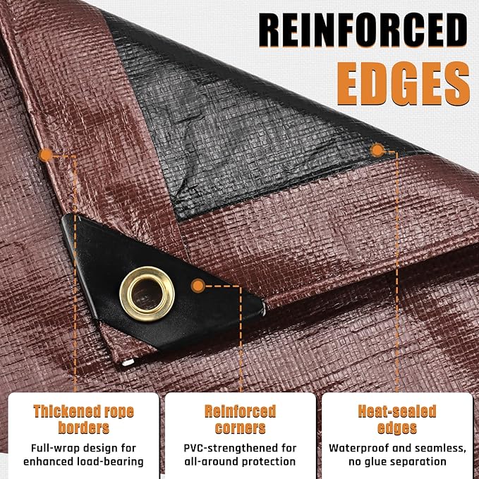8x16FT Waterproof Tarp, Yumatum 10 Mil Heavy Duty Tarps with Reinforced Edges/Brass Grommets, 100% UV Blocking/Tear Resistant Poly Tarp for Camping, Patio, Tent, Boat(Brown/Black)