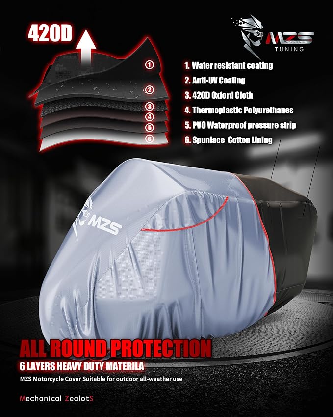 MZS Motorcycle Cover Waterproof Outdoor, Heavy Duty All Season Weather Sun Protection with Storage Bag Vents Night Reflective Cotton Lining Lock Holes fits up to 116" Motorcycles Vehicle Covers