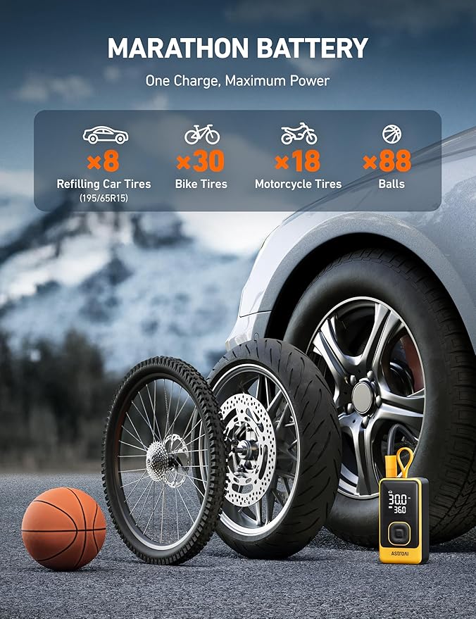 AstroAI L7 Air Tire Inflator Portable Air Compressor, 150PSI Electric Cordless Car Pump with Digital Gauge, Fast 1-Min Inflation, Auto Shutoff, LED Light for Car, SUV, Motorcycle & Bike Tires, Yellow