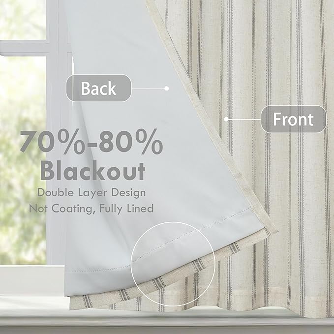 DriftAway Farmhouse Double Layer Linen Blackout Tie Up Curtains Thermal Insulated Vertical Striped Fully Lined Balloon Roman Shade Bathroom Window Adjustable Rod Pocket 31 Inch by 47 Inch Gray