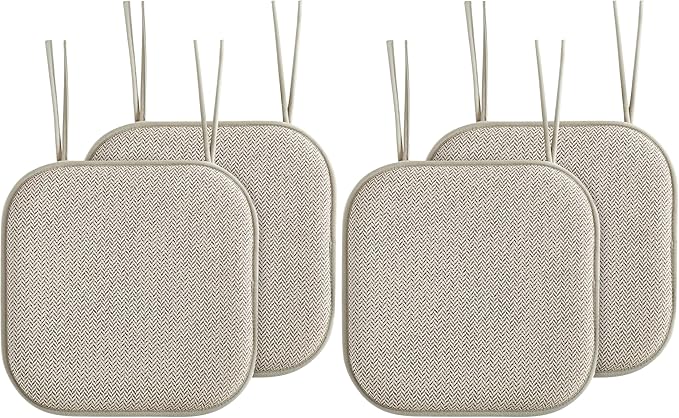 Elegant Comfort Chair Cushion Covers with Ties and Non Skid Rubber Backing-Thick Memory Foam - Soft Cushion Pad- Rounded Square Seat Cover- 16 x 16 Inches - Set of 2 Chevron Textured Pattern, Beige