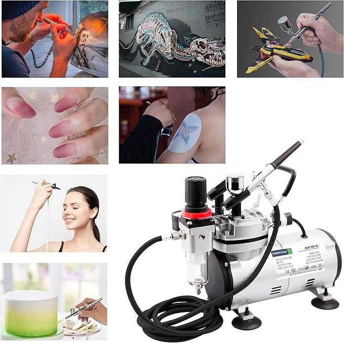 Timbertech Airbrush Kit With Compressor AS18-2K Basic Start Kit With Air Hose, Cleaning Brushes, and Test Paints for Hobby, Body Tattoo, Model painting, Automotive Graphic, Make-up