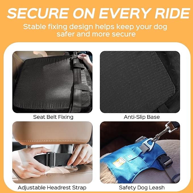 Dog Car Seat for Small Dog with Washable Mat, Memory Foam Booster Seat for Dogs Under 30lb, 6" Elevated Pet Seat with Pockets, Anti-Slip Bed for Car, Perfect for Front & Back Seats with Safety Leash
