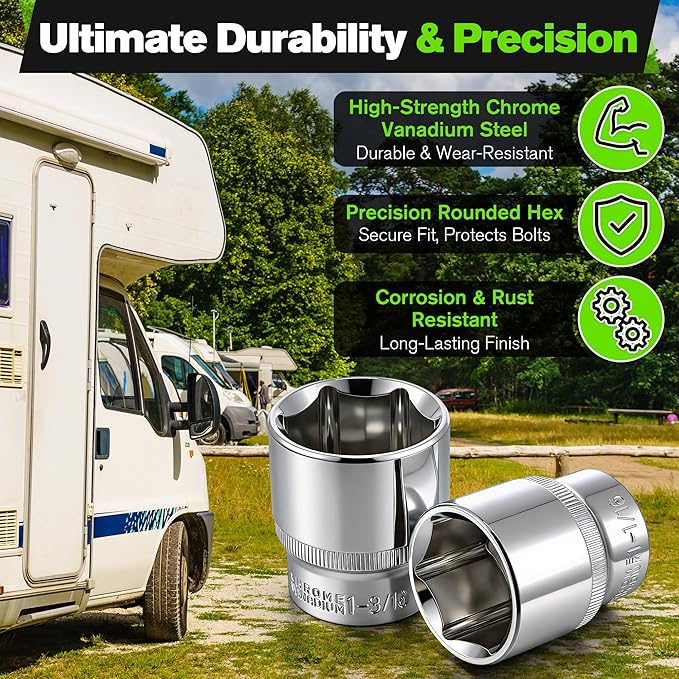 Dreyoo Anode Rod Socket Wrench Kit, 1-1/16" & 1-3/16" Short Socket Set with PTFE Tape, 1/2" Drive 6-Point Chrome Vanadium Sockets for Water Heater and Corro-Protect Powered Anode Rod Installation