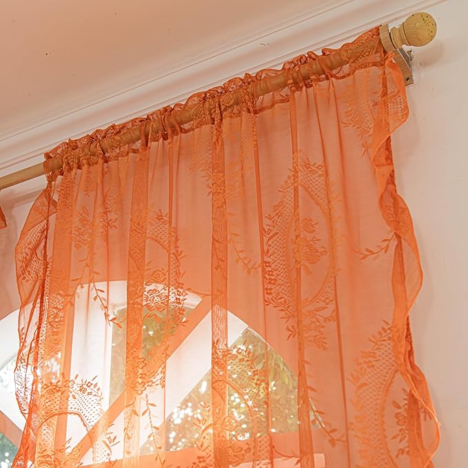 Sutuo Home Lace Curtains for Bedroom Living Room 90 Inches Long 2 Panels, Boho Sheer Rose Floral Embroidery Ruffled Vintage Window Treatment Pair Halloween Decor, Rod Pocket, W57 x L90,Burnt Orange