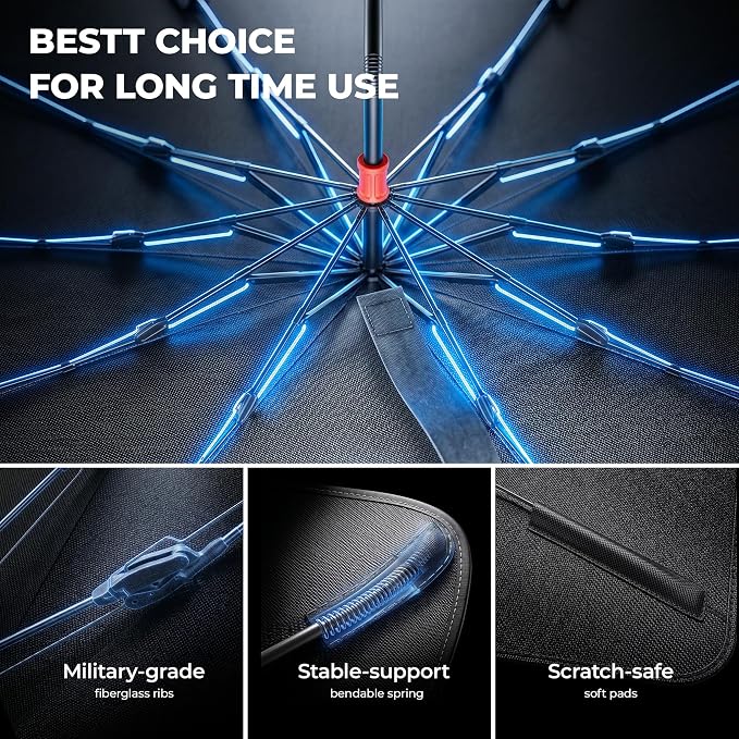 DMJN Umbrella Windshield Sun Shade - Large, Car Sunshade for Front Windshield [Nano Ice-Crystal Coatings] UPF50+ Heat & UV Block, Protect Interior & Keep Cooler Universal for Car, SUV, Truck