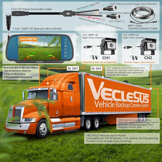 Backup camere System for Truck, VECLESUS VBS 1080P 7-Inch Mirror Monitor Backup Camera System, HD IR Night Vision, Waterproof Rearview Camera,2 Video 2 Audio Inputs, for Trucks,RVs,Vans,SUVs and Cars