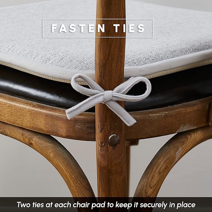 Elegant Comfort Chair Cushion Covers with Ties and Non Skid Rubber Backing-Thick Memory Foam - Soft Cushion Pad- Rounded Square Seat Cover- 16 x 16 Inches - Set of 4 Thatch Textured Pattern, Gray