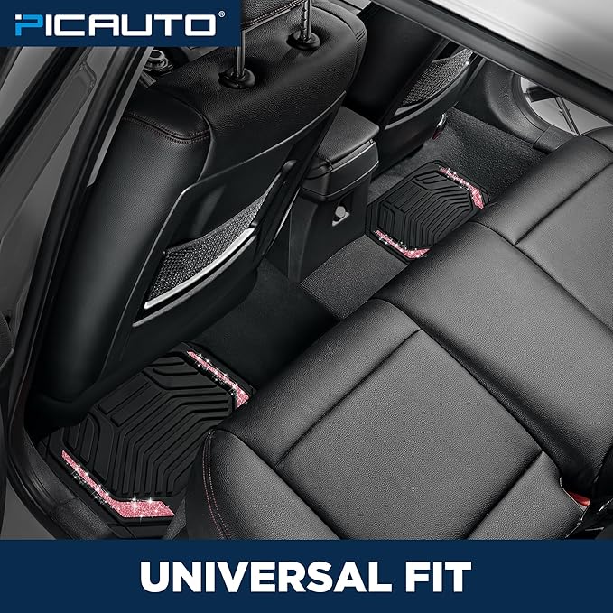 PIC AUTO Car Floor Mats, Hot Pink Sparkly Crystal Bling Glitter Car Mats Set, Front and Rear Heavy Duty Rubber Car Mats with Anti-Slip Backing, All Weather, Trim-to-Fit for SUVs, Trucks, Sedan, Vans