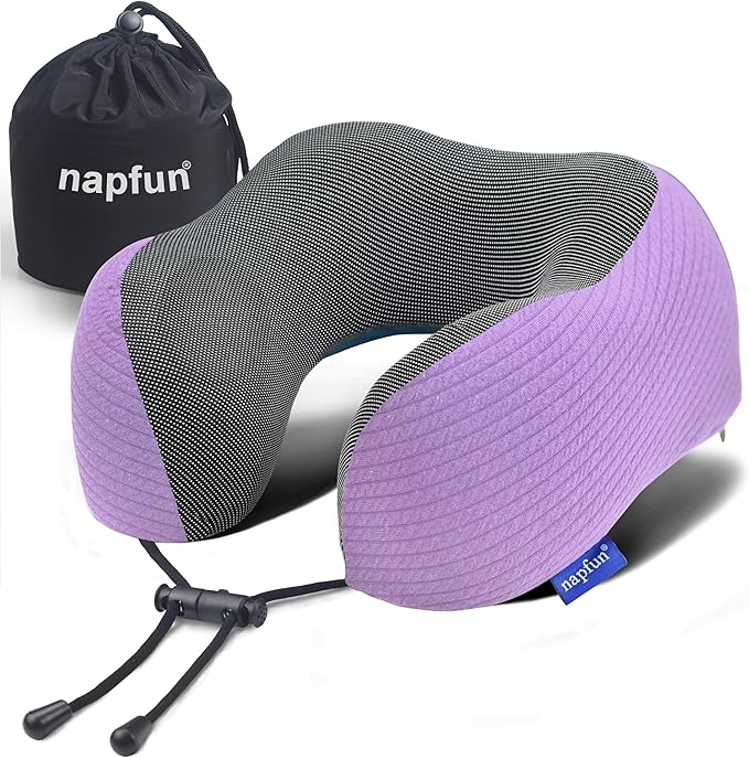 napfun Neck Pillow for Traveling, Upgraded Travel Neck Pillow for Airplane 100% Pure Memory Foam Travel Pillow for Flight Headrest Sleep, Portable Plane Accessories, Light Purple