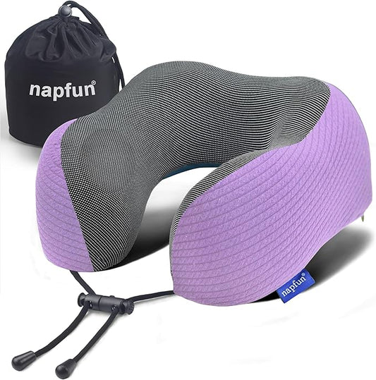 napfun Neck Pillow for Traveling, Upgraded Travel Neck Pillow for Airplane 100% Pure Memory Foam Travel Pillow for Flight Headrest Sleep, Portable Plane Accessories, Light Purple
