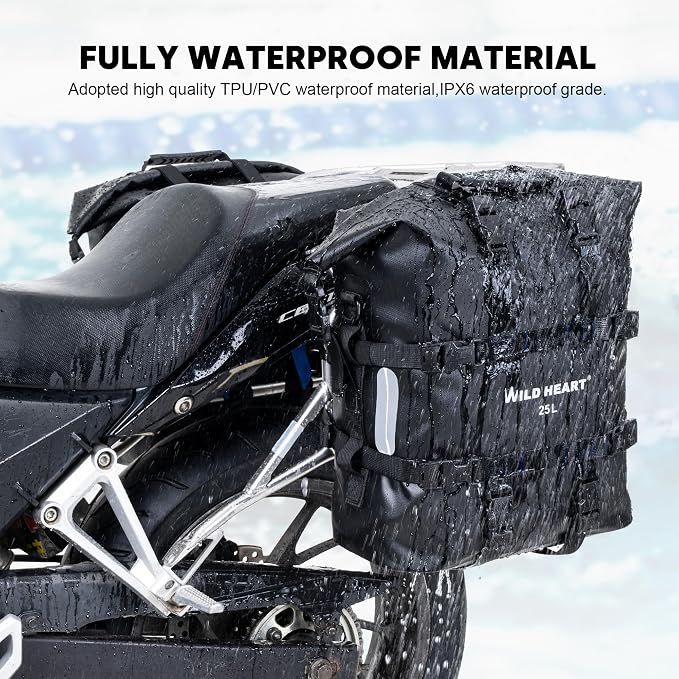 WILD HEART Motorcycle side bag stainless steel suspension waterproof bag Saddlebags 20L/25L waterproof Pianner Bag wear-resistant general-purpose Bike accessories (Black TPU, 25L One Pack)