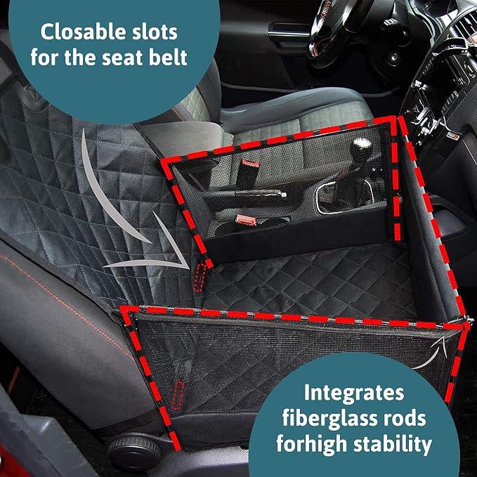 Dog Car Seat for Front Seat – 17.7165" x 17.7165" x 22.8346" and 12.9921" on the Sides – Quilted seat Surface and Anti-Slip Coating + Free: Foldable Bowl