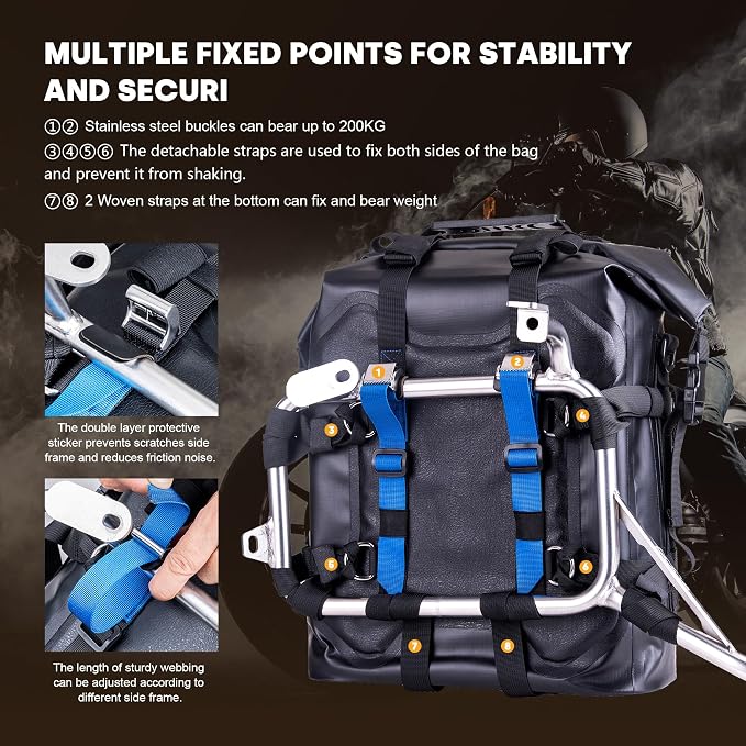 WILD HEART Motorcycle side bag stainless steel suspension waterproof bag Saddlebags 20L/25L waterproof Pianner Bag wear-resistant general-purpose Bike accessories (Black, 20L One Pack)