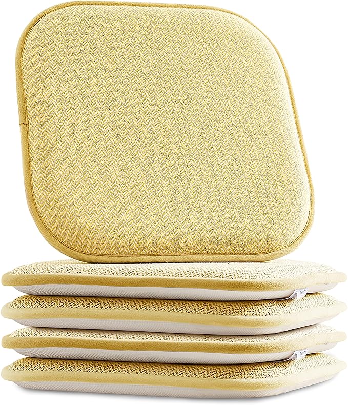 Elegant Comfort Chair Cushion Covers with Ties and Non Skid Rubber Backing-Thick Memory Foam - Soft Cushion Pad- Rounded Square Seat Cover- 16 x 16 Inches - Set of 4 Chevron Textured Pattern, Yellow