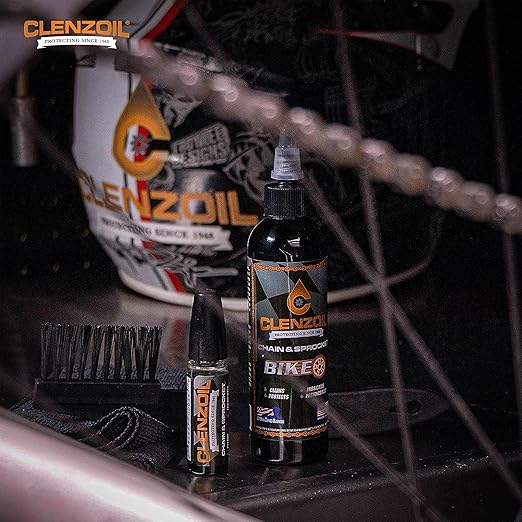 Clenzoil Chain & Sprocket Cleaning Kit - Chain Cleaner Lubricant Protectant (CLP) - Wet Lube Application, Dry Lube Performance - 4 oz Bottle, 0.5 oz Needle, Microfiber Towel & Chain Brush