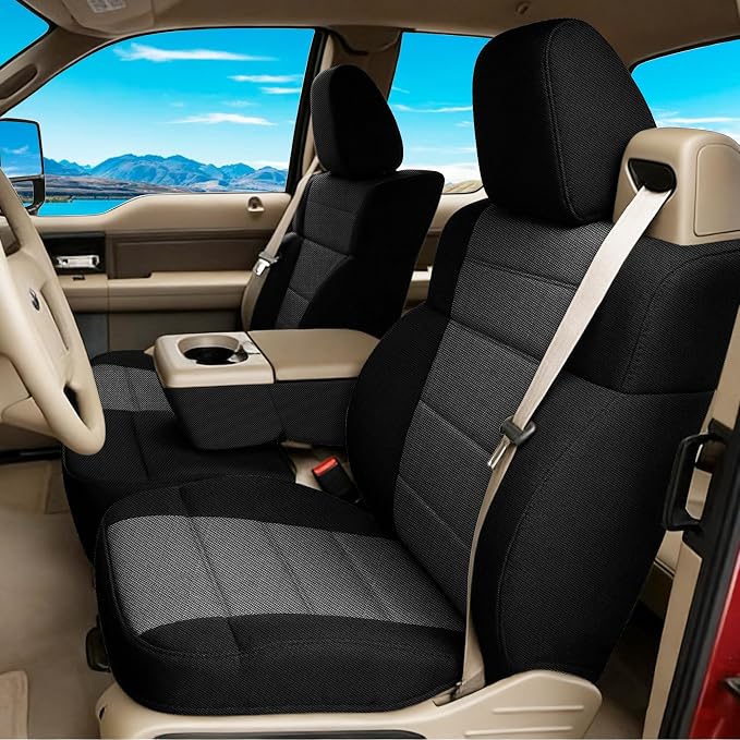 ESMING 40/20/40 Durable Oxford Fabric Front Split Bench Seat Covers for Ford F150 XL Standard Cab 2004 2005 2006 2007 2008 with Integrated Seatbelts & Solid Armrest- Black