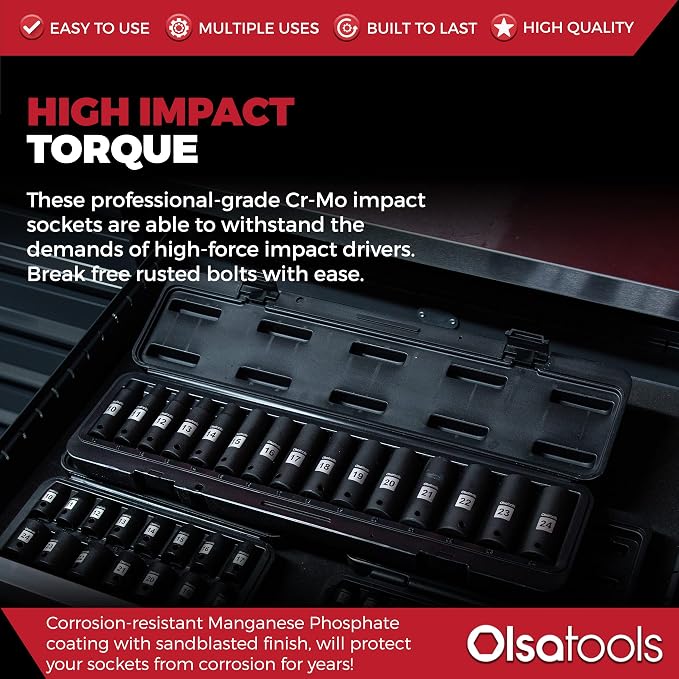 Olsa Tools 1/2-Inch Drive Deep Impact Socket Set - 15pc Metric Cr-Mo 6-Point (10mm to 24mm) - High Contrast Markings - Chrome Molybdenum - Premium Storage Case - Part: 1277
