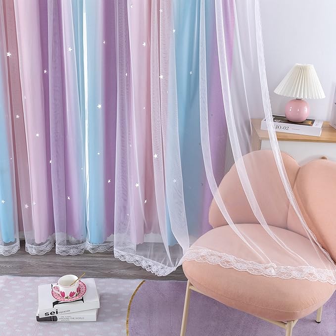 XiDi Pink and Purple Curtains 84 Inches Long for Girls Bedroom 2 Panels Blackout Rainbow Nursery Curtains for Kids Room Unicorn Princess Theme Home Decor Living Room Pink/Purple W52 X L84