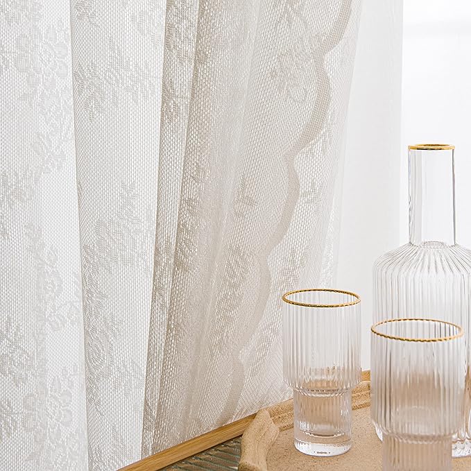 Sutuo Home Lace Curtains 72 Inches Length 2 Panels Set, White Sheer Window Floral Vintage Voile Window Panel Treatment Pair for Bedroom/Living Room/Kitchen, Decor Rod Pocket W57 x L72
