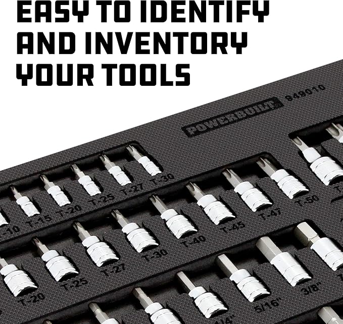 Powerbuilt 64 Piece Bit Socket Set, Hex, Torx, Specialty Bits, Up to 4 Inch Length, Long Reach E-Torx, Laser-Cut Organizing Tray, 949010