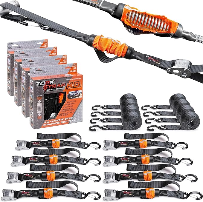 TorkStrap 14' x 1.5'' Self Tensioning Tie Down Straps [Patented] - Automatically Adapt to Load Shifts - 2,250LB Break Strength - Pull Alternative to Ratchet Straps - Integrated Soft Loop & Hook (8-PK)