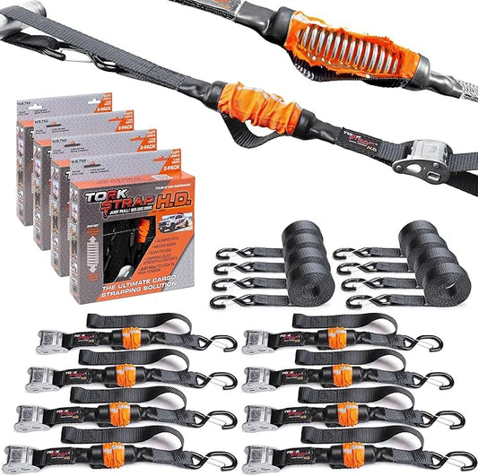 TorkStrap 14' x 1.5'' Self Tensioning Tie Down Straps [Patented] - Automatically Adapt to Load Shifts - 2,250LB Break Strength - Pull Alternative to Ratchet Straps - Integrated Soft Loop & Hook (8-PK)