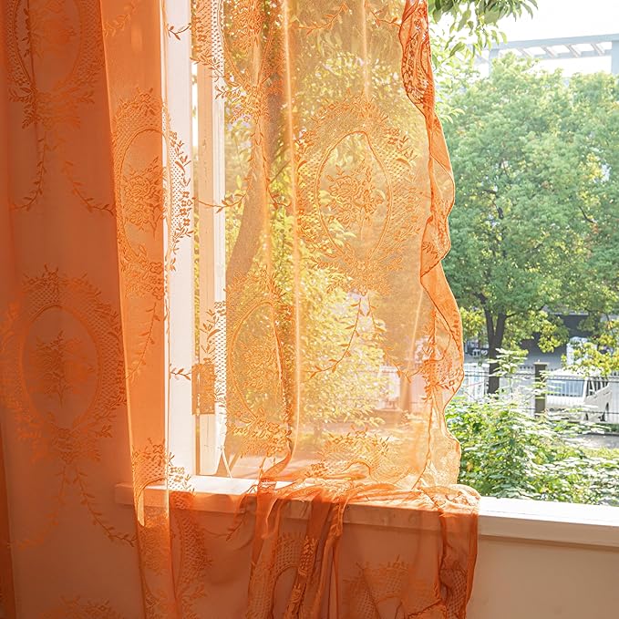 Sutuo Home Burnt Orange Lace Curtains 84 Inches Long for Bedroom Living Room 2 Panels Set, Boho Sheer Floral Embroidery Ruffled Vintage Window Treatment Fall Halloween Decor, Rod Pocket, W57 x L84