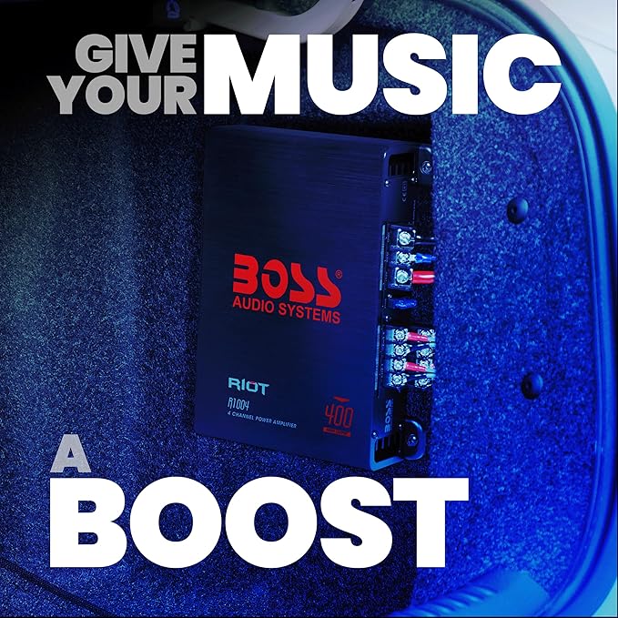 BOSS Audio Systems R1004 Riot Series 4 Channel Amplifier Car Audio - Class A/B, 400 High Output, 2-8 Ohm Stable, High/Low Level Inputs, Full Range