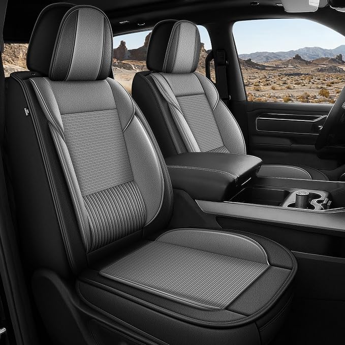 for Dodge RAM 1500 2500 3500 2012-2026 Full Set Seat Covers | Custom Fit Truck Faux Leather Ice Silk Bighorn Laramie Tradesman Cab Breathable Cooling Seat Protectors (5 Seats, Black&Grey)