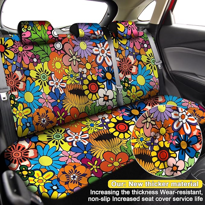 15 Pcs Full Car Seat Covers Set Car Accessories Seat Covers Steering Wheel Cover Belt Pads Armrest Pad Cup Holders Keychains for Most Truck SUV(Flower)
