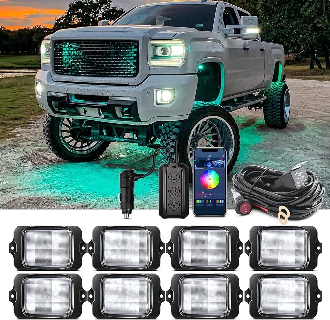 MICTUNING C3 RGBW Rock Lights 8 Pods with Wiring Switch Kit | Expandable to 32 pods, MagicLink APP Control, 160° Wide Beam, IP68 Waterproof Multi-Color Neon Underglow Lights
