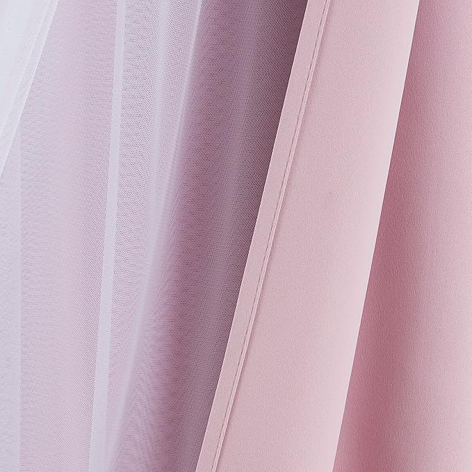 Bujasso Pink Blackout Curtains with Sheer Overlay Mix and Match Double Layer 80% Room Darkening Window Treatment Set for Girls Bedroom Living Room Pink Drapes with Tiebacks Grommet Top 37" Wx95 Lx2