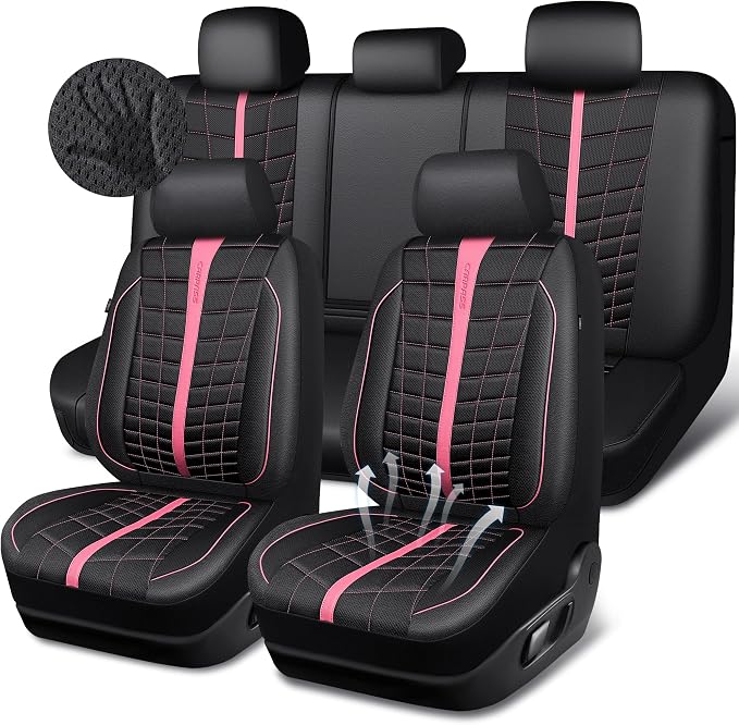 CAR PASS 3D Foam Mesh Leather Car Seat Covers Full Set, Breathable Premium Leather Seat Covers for Car,Anti Slip Universal Fit for Trucks Cars Sedans Vans SUVs, Airbag Compatible, Black Pink