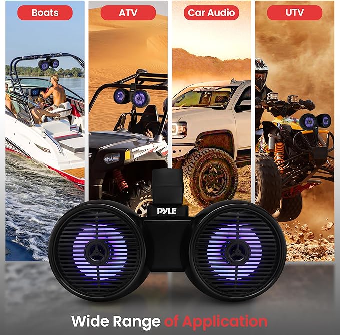 Pyle Dual Waterproof Off-Road Speakers - 6.5" 200W 2-Way Marine Wakeboard Tower Sound System w/LED Light, Full Range Outdoor Stereo Speaker for Car, ATV, UTV, Jeep, Boat, Includes Brackets (Black)