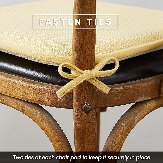 Elegant Comfort Chair Cushion Covers with Ties and Non Skid Rubber Backing-Thick Memory Foam - Soft Cushion Pad- Rounded Square Seat Cover- 16 x 16 Inches - Set of 2 Chevron Textured Pattern, Yellow