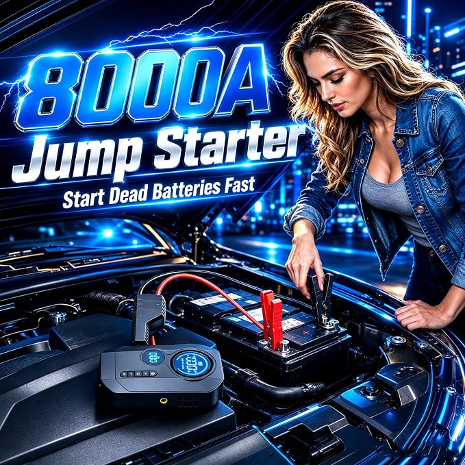 9000A Jump Starter with Air Compressor 10-1 Portable Tire Inflator German Fast-Charging Power Bank Car Diesel Battery Booster for Car Owners Camping Road Trips Family Safety Gift (multipurpose use)