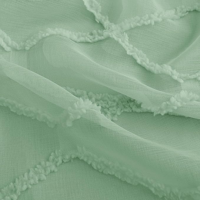 Extra Long Aqua Green Sheer Curtains 108 Inches Long for Living Room 2 Panel Geometric Embroidered Tuft Pom Textured Back Tab Drapes Light Filtering Window Curtain Vintage Country Window Decor 52x108