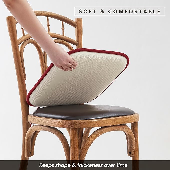 Elegant Comfort Chair Cushion Covers with Ties and Non Skid Rubber Backing-Thick Memory Foam - Soft Cushion Pad- Rounded Square Seat Cover-16 x 16 Inches-Honeycomb Textured Pattern, Set of 4, Burgundy