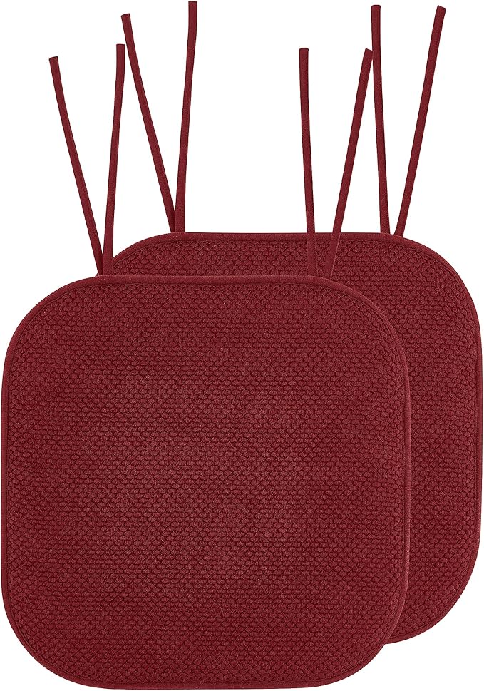 Elegant Comfort Chair Cushion Covers with Ties and Non Skid Rubber Backing-Thick Memory Foam - Soft Cushion Pad- Rounded Square Seat Cover-16 x 16 Inches-Honeycomb Textured Pattern, Set of 2, Burgundy